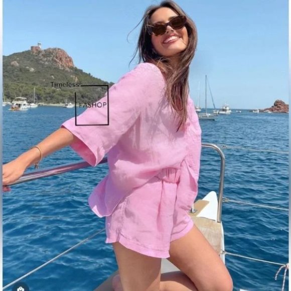 ZARA 2 PIECES LINEN SHIRT WITH POCKET & CARGO SHORTS - Picture 3 of 9